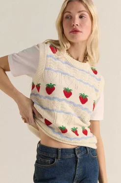 Pull Priska Ecru Et Fraises Rouges
