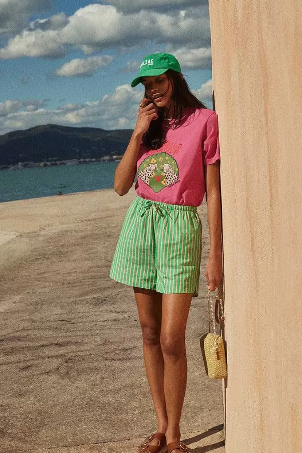 Short Lino Rayures Vert Et Orange