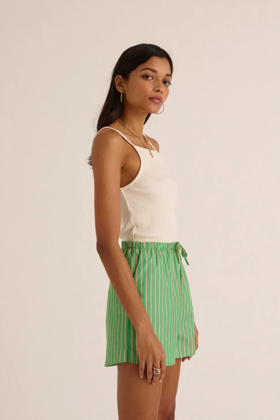 Short Lino Rayures Vert Et Orange